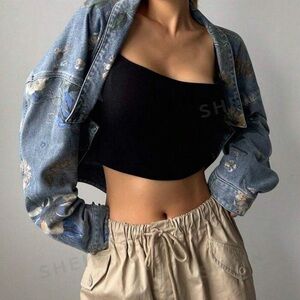 Women’s Floral Printed Open-Front Denim Jacket